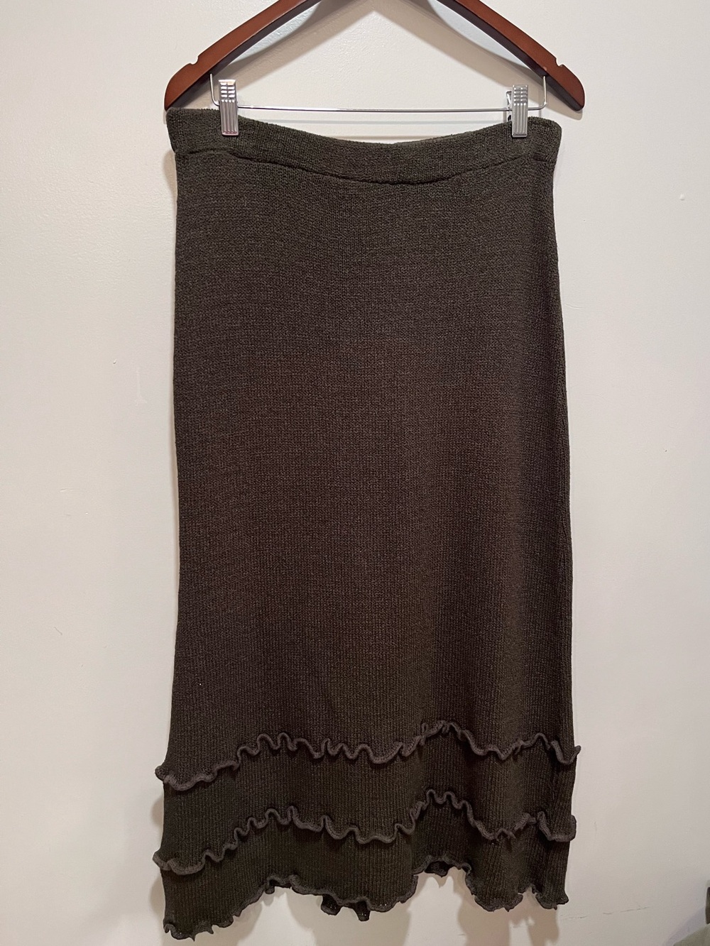 Vintage Belamie Olive Brown Knit Midi Skirt with Ruffle Hem